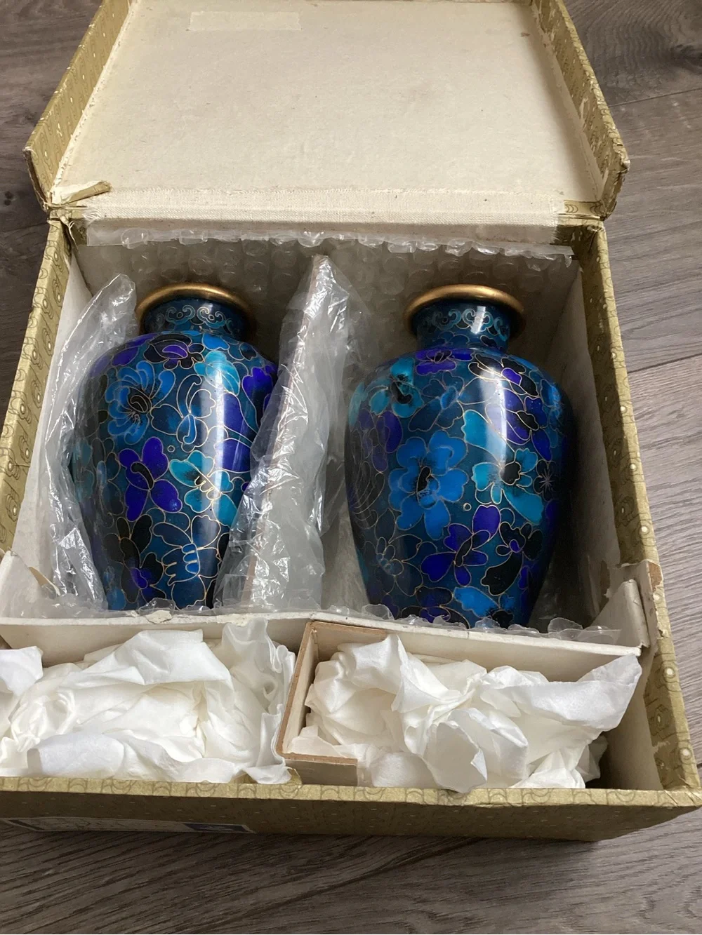 Blue Cloisonné Floral Vases by (Brand Unknown) - Pair